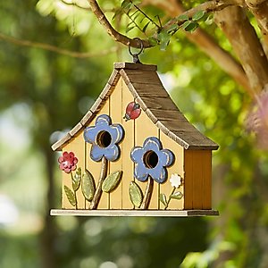 Glitzhome Washed Distressed Solid Wood Two-Story Townhouse Garden with 3D Flowers Birdhouse, Yellow
