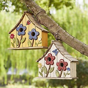 Glitzhome Washed Distressed Solid Wood Two-Story Townhouse Garden with 3D Flowers Birdhouse, Yellow