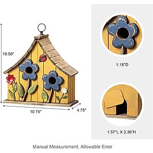 Glitzhome Washed Distressed Solid Wood Two-Story Townhouse Garden with 3D Flowers Birdhouse, Yellow