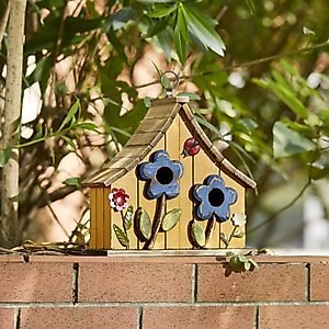 Glitzhome Washed Distressed Solid Wood Two-Story Townhouse Garden with 3D Flowers Birdhouse, Yellow