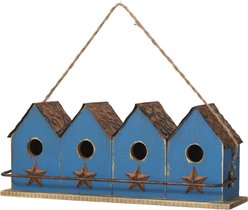 Glitzhome Washed Retro Distressed Solid Wood 4-Room Townhouse Garden with Perch Birdhouse, Blue