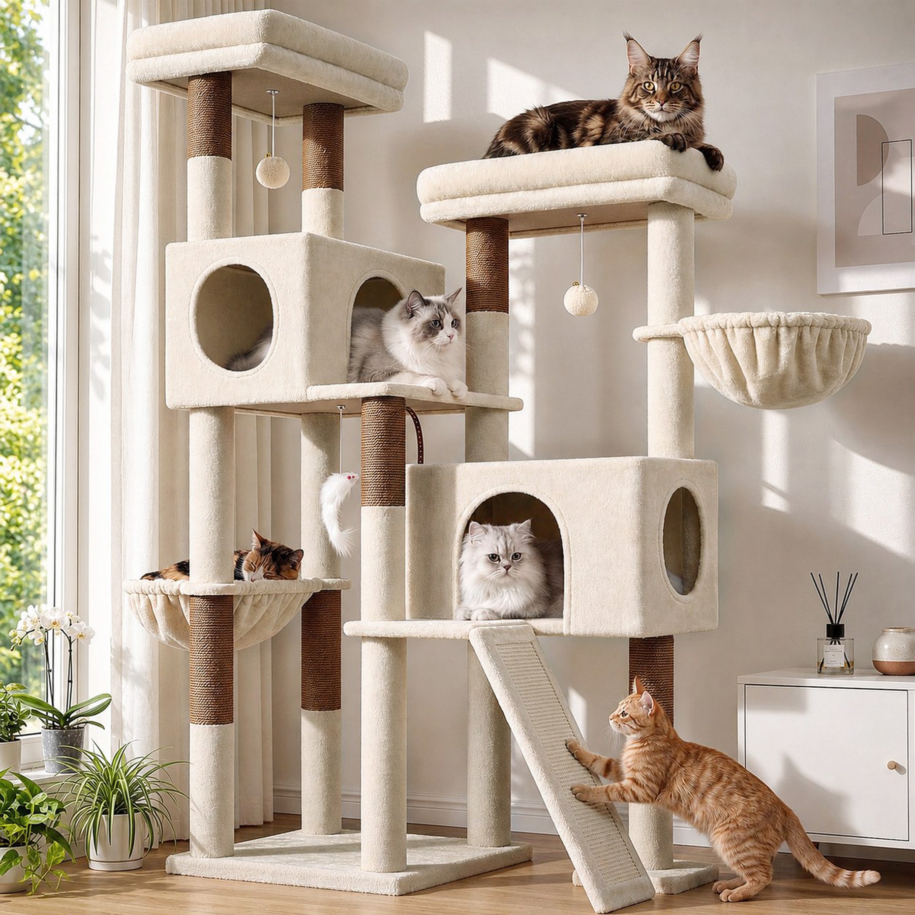 Globlazer 62-in Extra-Wide Plush Condo Cat Tree Tower, Beige