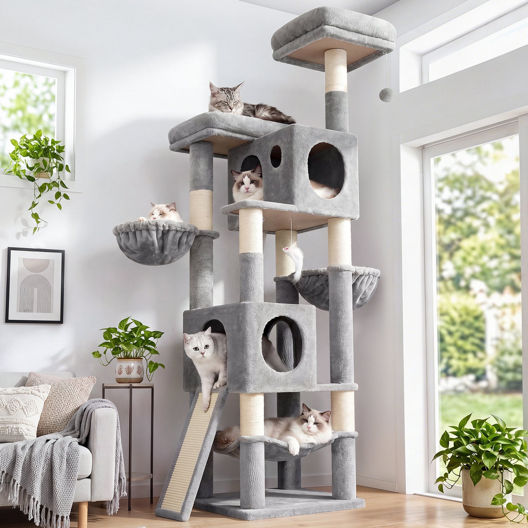 Globlazer 76-in Plush Condo Cat Tree with Hammock, Light Gray