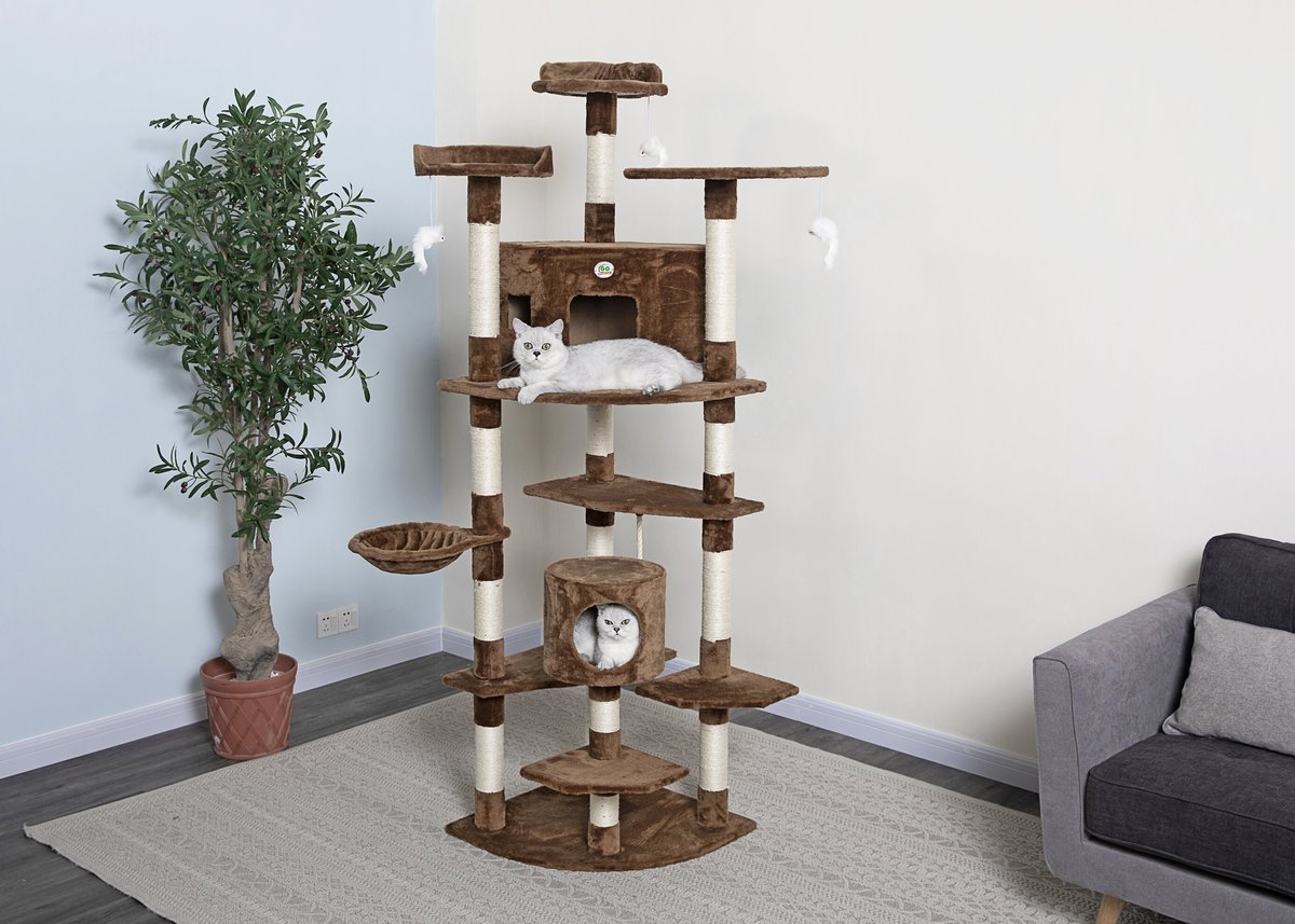 Go Pet Club 80-inch cat tree featuring multiple levels and condos for large breeds