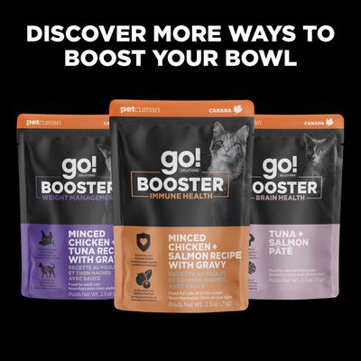 Show full view: Go! Solutions Booster Digestive Health Minced Chicken & Duck with Gravy Wet Cat Food, 2.5-oz pouch, 12 count slide 9 of 11