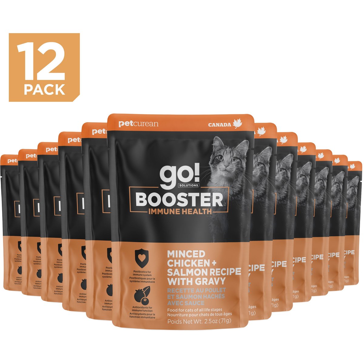 Go! Solutions Booster Immune Health Minced Chicken & Salmon with Gravy Wet Cat Food, 2.5-oz pouch, box of 12