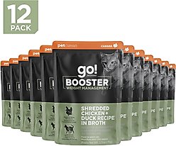 Go! Solutions Booster Weight Management Shredded Chicken & Duck in Broth Wet Cat Food, 2.5-oz pouch, 12 count
