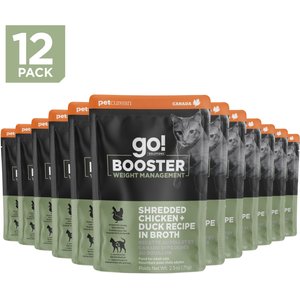 Go! Solutions Booster Weight Management Shredded Chicken & Duck in Broth Wet Cat Food, 2.5-oz pouch, 12 count