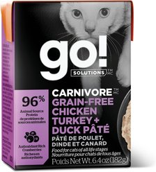Go! Solutions Carnivore Grain-Free Chicken, Turkey + Duck Pate Cat Food, 6.4-oz, case of 24