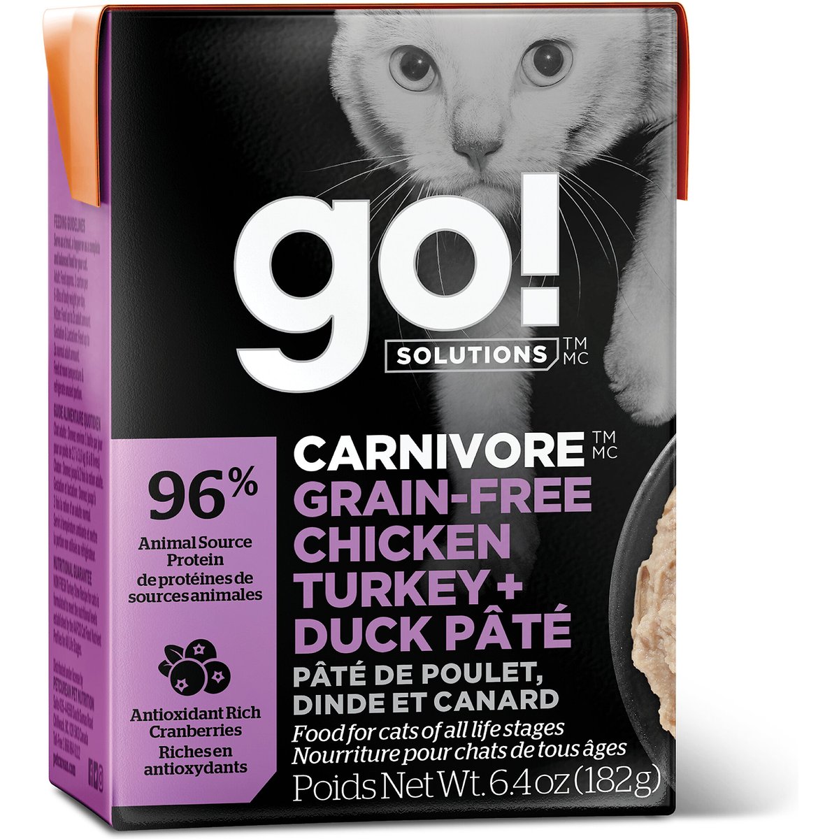 Go! Solutions Carnivore Grain-Free Chicken, Turkey + Duck Pate Cat Food, 6.4-oz, case of 24