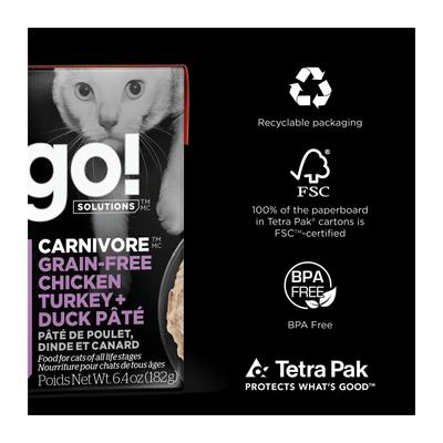 Show full view: Go! Solutions Carnivore Grain-Free Chicken, Turkey + Duck Pate Cat Food, 6.4-oz, case of 24 slide 7 of 11