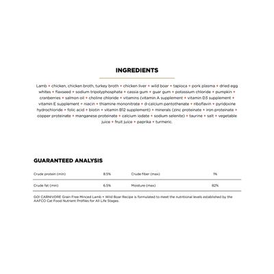 Show full view: Go! Solutions Carnivore Grain-Free Minced Lamb + Wild Boar Cat Food, 6.4-oz, case of 24 slide 4 of 10