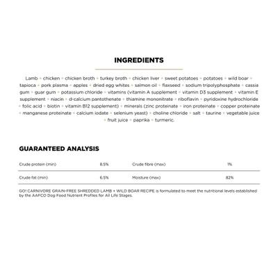 Show full view: Go! Solutions Carnivore Grain-Free Shredded Lamb & Wild Boar Recipe Dog Food, 12.5-oz, case of 12 slide 3 of 12