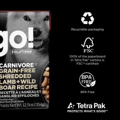 Show full view: Go! Solutions Carnivore Grain-Free Shredded Lamb & Wild Boar Recipe Dog Food, 12.5-oz, case of 12 slide 8 of 12