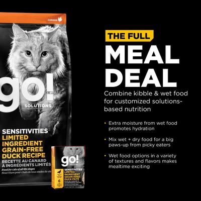 Show full view: Go! Solutions Sensitivities Limited Ingredient Grain-Free Duck Pate Cat Food, 6.4-oz, case of 24 slide 10 of 11
