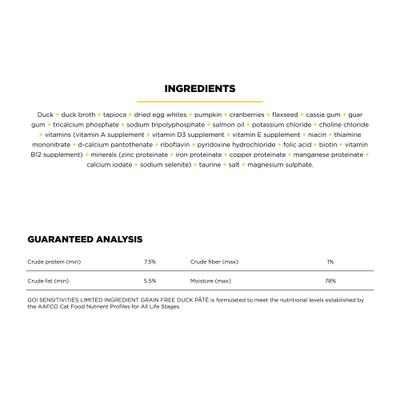 Show full view: Go! Solutions Sensitivities Limited Ingredient Grain-Free Duck Pate Cat Food, 6.4-oz, case of 24 slide 3 of 11