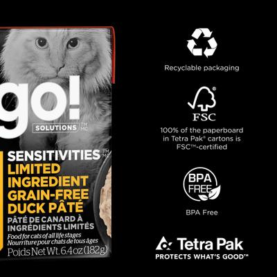 Show full view: Go! Solutions Sensitivities Limited Ingredient Grain-Free Duck Pate Cat Food, 6.4-oz, case of 24 slide 8 of 11