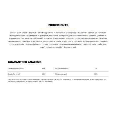 Show full view: Go! Solutions Sensitivities Limited Ingredient Grain-Free Duck Pate Dog Food, 12.5-oz, case of 12 slide 3 of 11