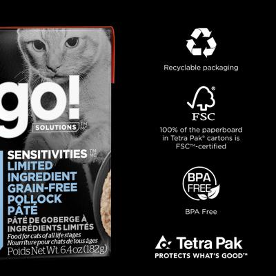 Show full view: Go! Solutions Sensitivities Limited Ingredient Grain-Free Pollock Pate Cat Food, 6.4-oz, case of 24 slide 8 of 10