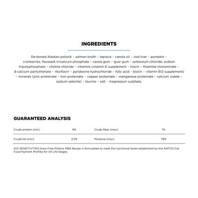 Show full view: Go! Solutions Sensitivities Limited Ingredient Grain-Free Pollock Pate Cat Food, 6.4-oz, case of 24 slide 3 of 10