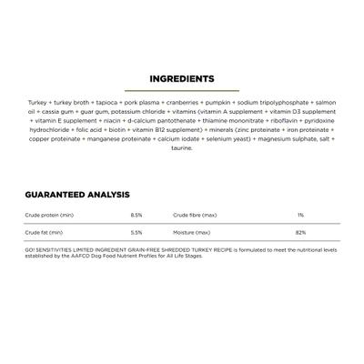 Show full view: Go! Solutions Sensitivities Limited Ingredient Grain-Free Shredded Turkey Dog Food, 12.5-oz, case of 12 slide 3 of 11
