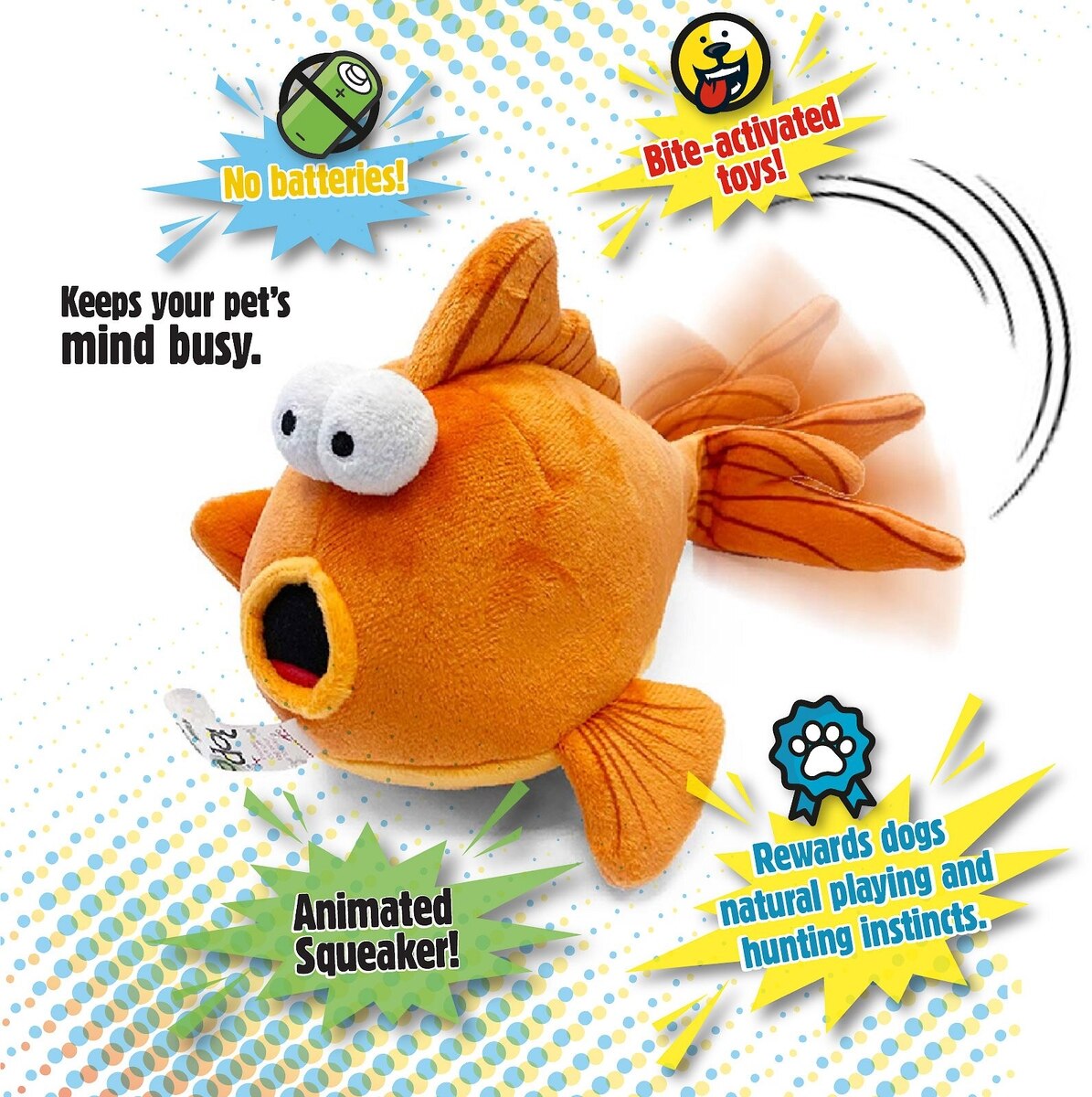 GODOG Action Plush Gold Fish Animated Squeaker Dog Toy, Orange