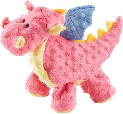 GODOG Dragons Chew Guard Squeaky Plush Dog Toy, Coral, Large