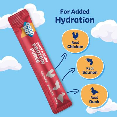 Show full view: Good Boy Turf & Surf Chicken, Salmon, & Duck Puree Dog Food Topper, 30 count slide 4 of 11