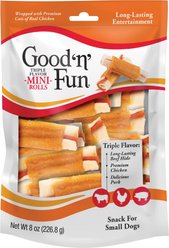 Good 'n' Fun Chicken Wrapped Triple Flavor Pork, Chicken & Beef Dog Treat Chew Rolls, Mini, 8-oz bag