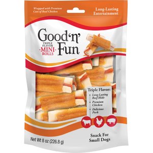 Good 'n' Fun Chicken Wrapped Triple Flavor Pork, Chicken & Beef Dog Treat Chew Rolls, Mini, 8-oz bag