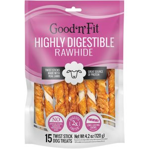 Good 'n' Fun Lamb Long-Lasting Highly Digestible Rawhide Dog Treat Twist Sticks, 15 count