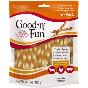 Good 'n' Fun Chicken Wrapped Triple Flavor Munchy Sticks Chicken, Pork Hide & Beef Hide Dog Treat Chews, 40 count