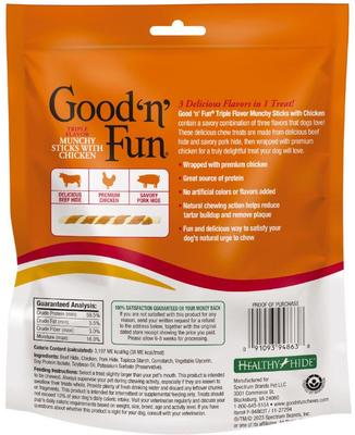 Show full view: Good 'n' Fun Chicken Wrapped Triple Flavor Munchy Sticks Chicken, Pork Hide & Beef Hide Dog Treat Chews, 40 count slide 3 of 11