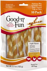 Good 'n' Fun Chicken Wrapped Triple Flavor Munchy Sticks Chicken, Pork Hide & Beef Hide Dog Treat Chews, 10 count