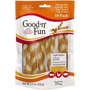 Good 'n' Fun Chicken Wrapped Triple Flavor Munchy Sticks Chicken, Pork Hide & Beef Hide Dog Treat Chews, 10 count