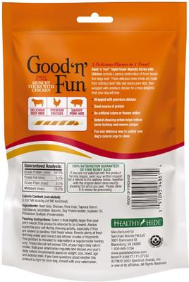 Show full view: Good 'n' Fun Chicken Wrapped Triple Flavor Munchy Sticks Chicken, Pork Hide & Beef Hide Dog Treat Chews, 10 count slide 3 of 11