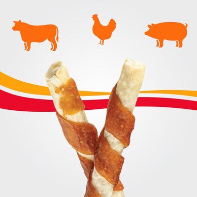 Show full view: Good 'n' Fun Chicken Wrapped Triple Flavor Munchy Sticks Chicken, Pork Hide & Beef Hide Dog Treat Chews, 10 count slide 6 of 11