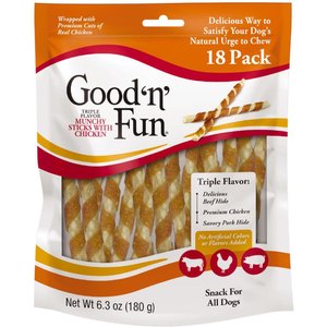 Good 'n' Fun Chicken Wrapped Triple Flavor Munchy Sticks Chicken, Pork Hide & Beef Hide Dog Treat Chews, 18 count