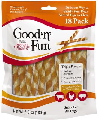 Show full view: Good 'n' Fun Chicken Wrapped Triple Flavor Munchy Sticks Chicken, Pork Hide & Beef Hide Dog Treat Chews, 18 count slide 1 of 11