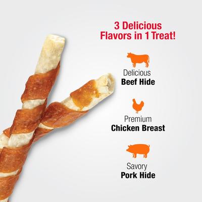Show full view: Good 'n' Fun Chicken Wrapped Triple Flavor Munchy Sticks Chicken, Pork Hide & Beef Hide Dog Treat Chews, 18 count slide 10 of 11