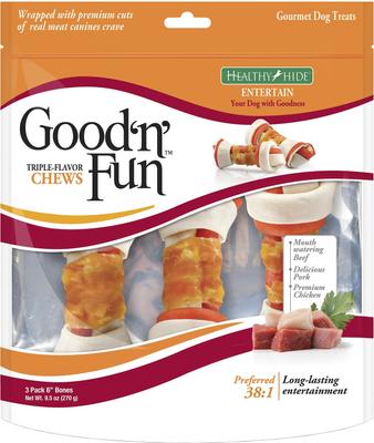 Show full view: Good 'n' Fun Triple Flavor 6-in Pork, Beef & Chicken Dog Treat Chew Bones, 3 count slide 1 of 8