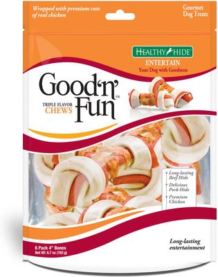 Show full view: Good 'n' Fun Triple Flavor 4-in Pork, Beef & Chicken Dog Treat Chew Bones, 6 count slide 1 of 9
