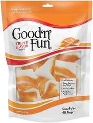 Good 'n' Fun Chicken Wrapped Triple Flavor Rawhide Chips Pork, Chicken & Beef Dog Treat Chews, 4-oz bag