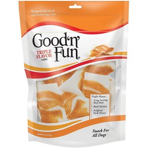 Good 'n' Fun Chicken Wrapped Triple Flavor Rawhide Chips Pork, Chicken & Beef Dog Treat Chews, 4-oz bag