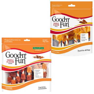 Show full view: Good 'n' Fun Triple Flavor Kabobs Chicken, Duck & Chicken Liver + Wings Beef, Pork & Chicken Dog Chews slide 1 of 9