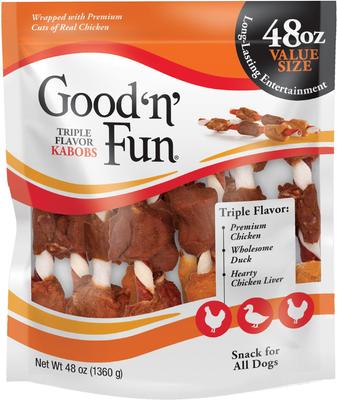 Show full view: Good 'n' Fun Triple Flavor Kabobs Rawhide Dental Chews + Good 'n' Tasty Triple Flavor Wavy Chips Variety Pack Dog Treats slide 2 of 9
