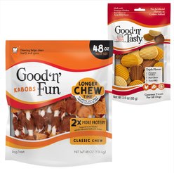 Good 'n' Fun Triple Flavor Kabobs Rawhide Dental Chews + Good 'n' Tasty Triple Flavor Wavy Chips Variety Pack Dog Treats