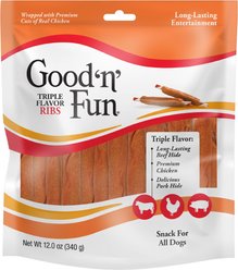 Good 'n' Fun Triple Flavor Ribs Beef, Chicken & Pork Hide Dog Chews, 12-oz bag