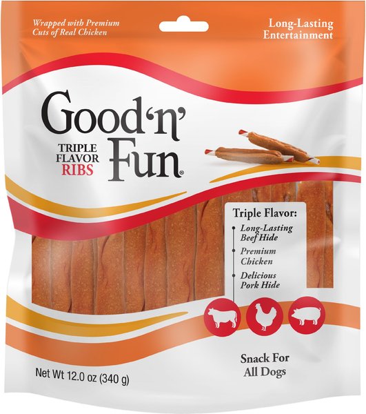 Show full view: Good 'n' Fun Triple Flavor Ribs Beef, Chicken & Pork Hide Dog Chews, 12-oz bag slide 1 of 7