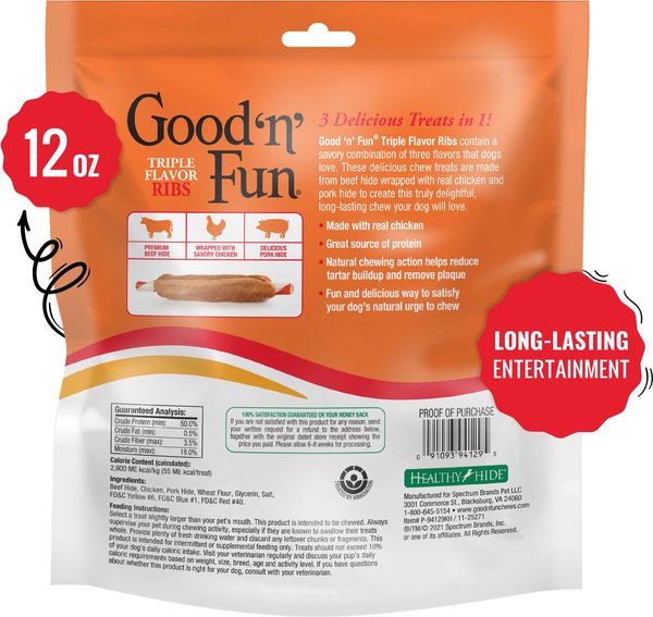 Show full view: Good 'n' Fun Triple Flavor Ribs Beef, Chicken & Pork Hide Dog Chews, 12-oz bag slide 3 of 7